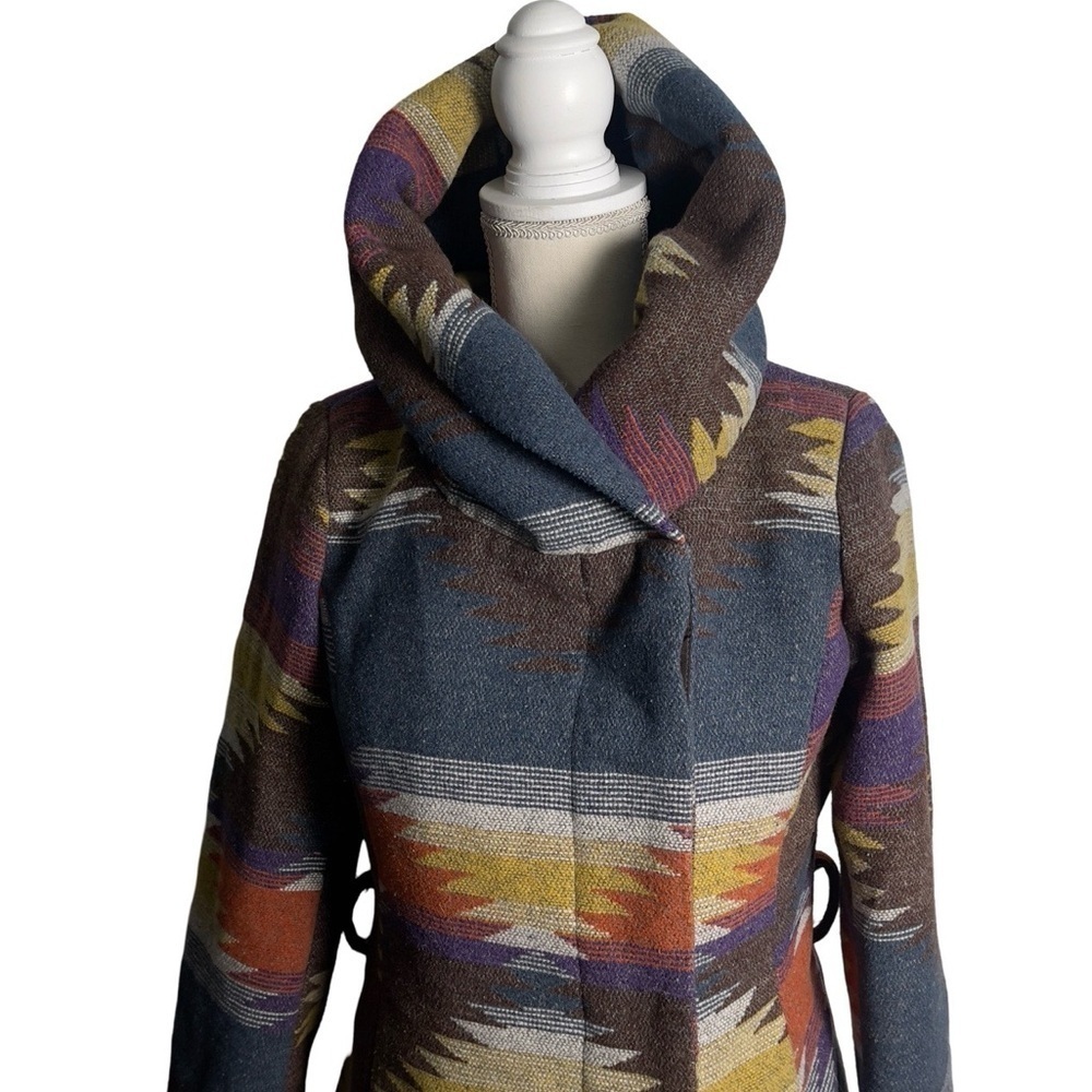 Vintage 90s Y2K Paris Blues Wool Blend Southwestern Aztec Tribal Hooded Coat - Picture 4 of 10